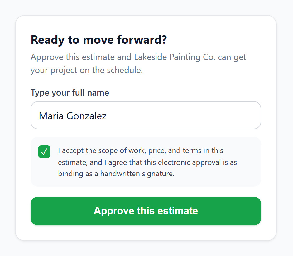 The Approve screen the customer sees: their name, the consent line, and the green Approve this estimate button