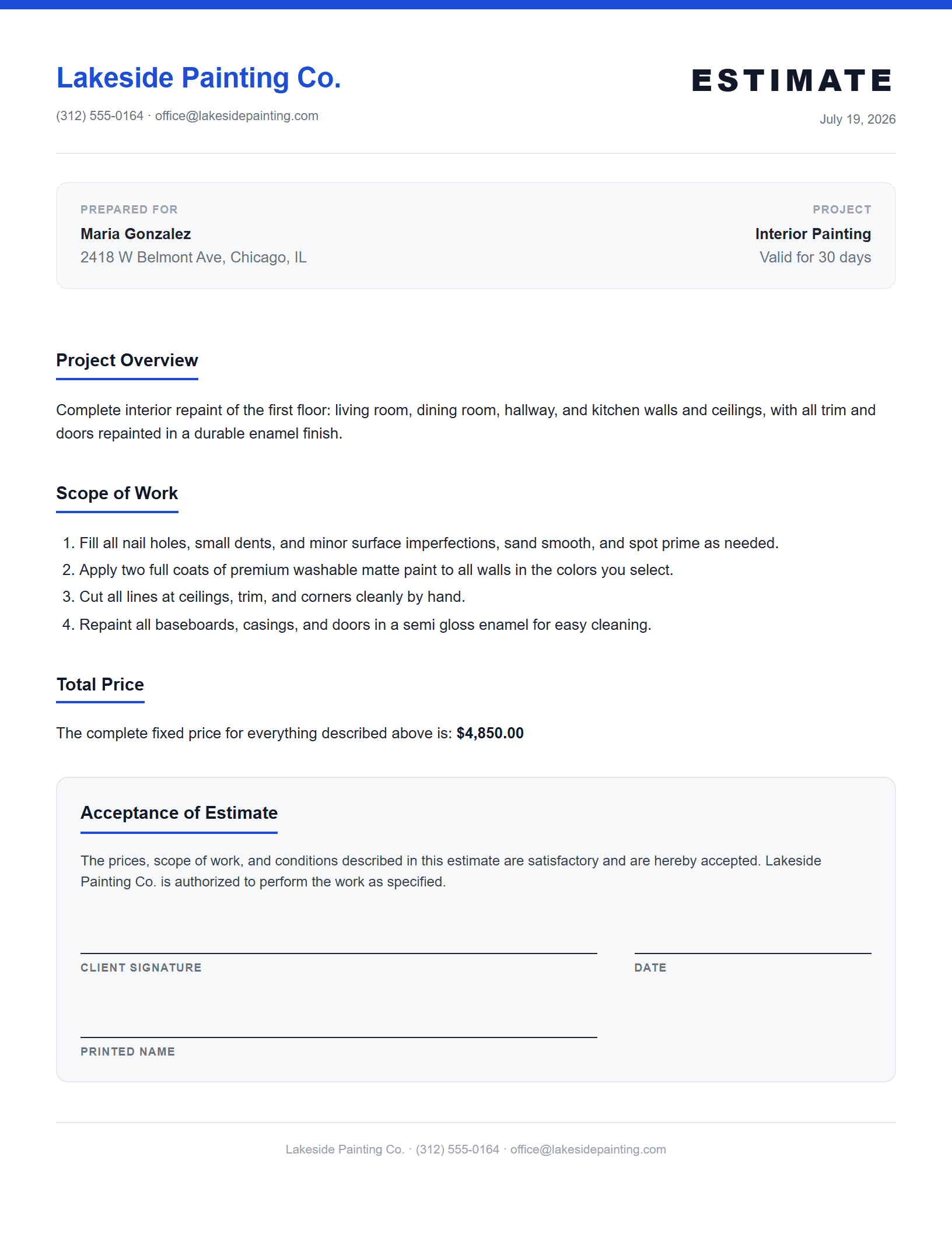 A finished Bid Like Pro estimate: branded header, scope of work, and price
